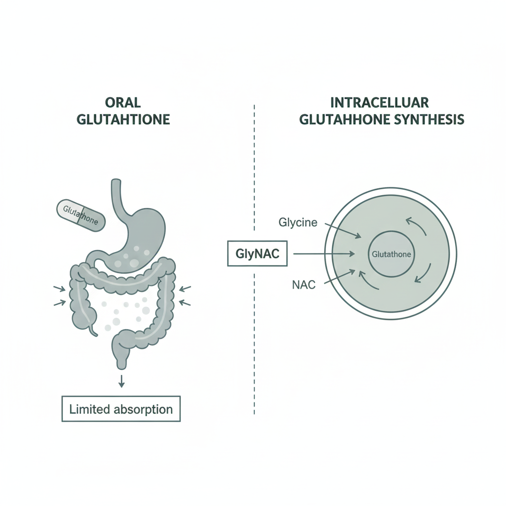 Comparison of oral glutathione absorption versus GlyNAC supporting intracellular glutathione synthesis from glycine and NAC